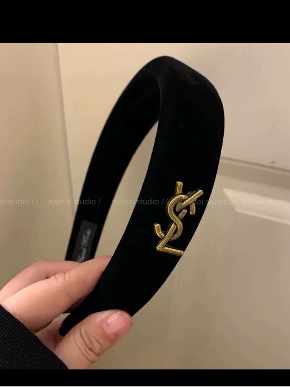 Black Velvet Headband with Gold Logo Accent